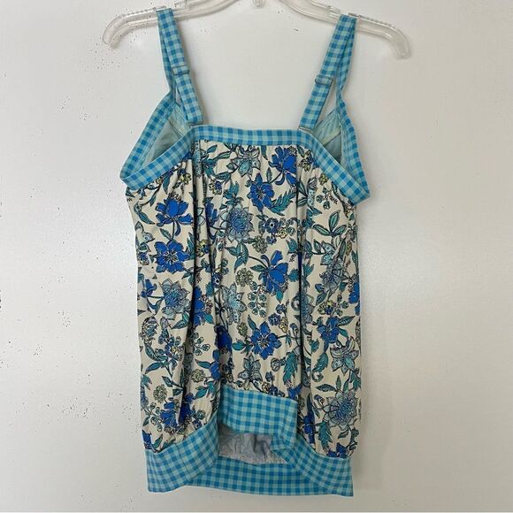 Lands End Swim Top 14 DD Tankini Modest Padded Bra Blue Floral Check Plaid EUC - Picture 4 of 8